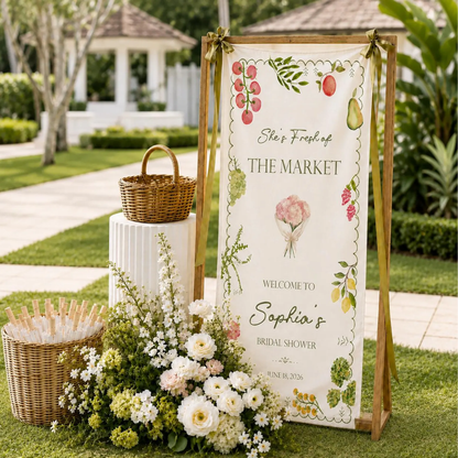 She's Fresh Off The Market Custom Fruit Bridal Shower Fabric Welcome Banner, Custom Fruit Bridal Party Sign WD0461