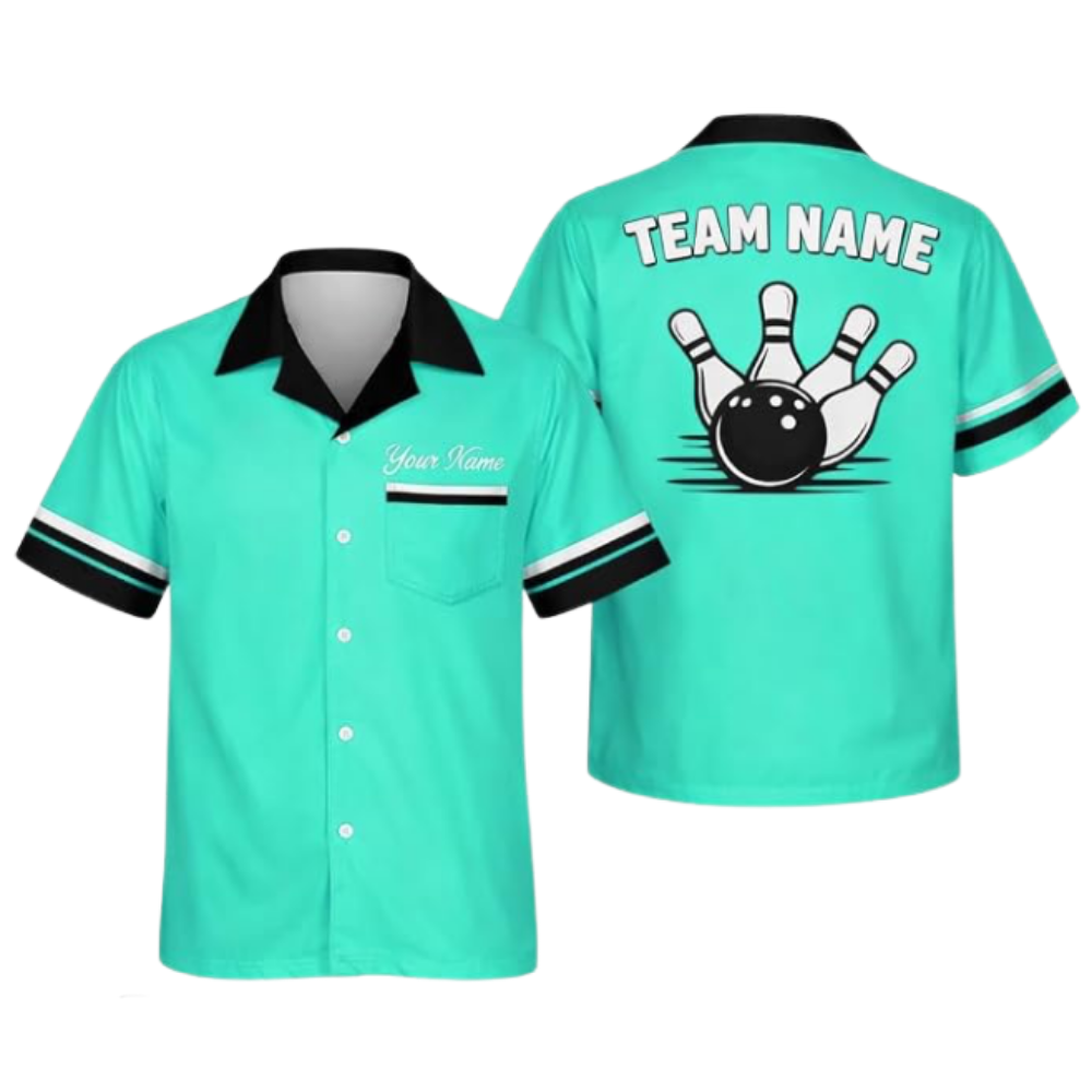 Custom Team Cyan Bowling Hawaiian Shirt For Men, Custom Bowling Team Shirt With Pocket BZ0979