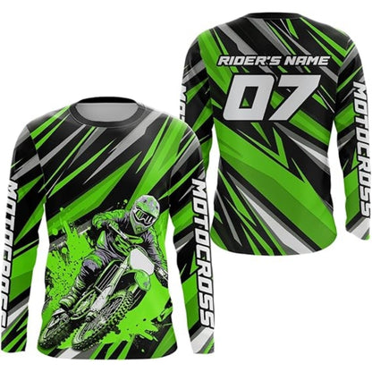 Custom Name And Number Long Sleeve Motocross Jersey For Men, Black And Green Custom Motocross Racing Jerseys MZ0017