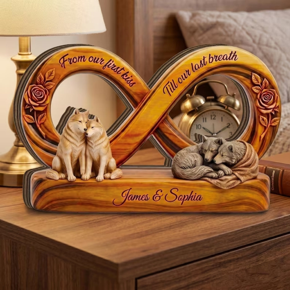Wolf Couple Custom Infinity Layer Wooden Plaque, Custom Wolf Wedding Anniversary Wooden Block For Couple WD0878
