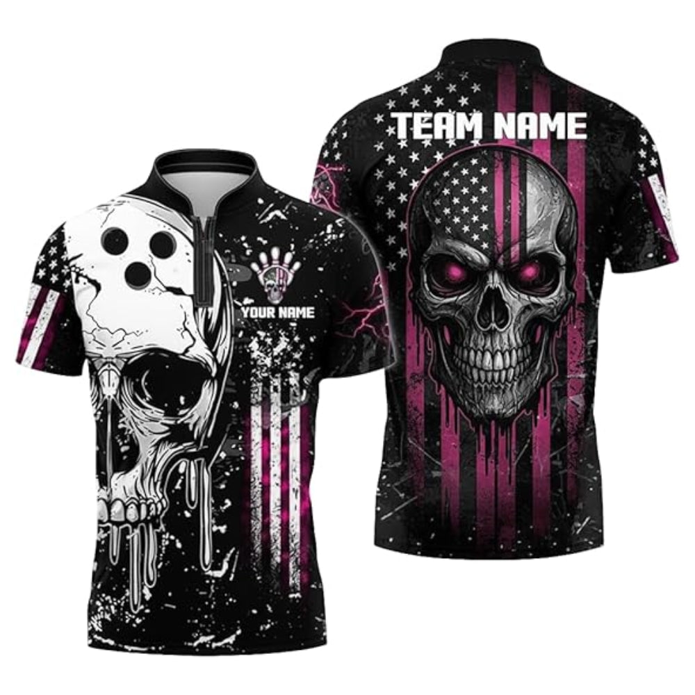 Custom Skull Bowling Jersey For Mens, Custom American Flag Skull Bowling Team Shirts BZ0344
