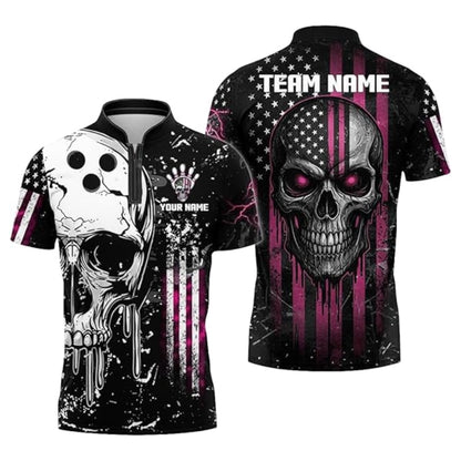 Custom Skull Bowling Jersey For Mens, Custom American Flag Skull Bowling Team Shirts BZ0344