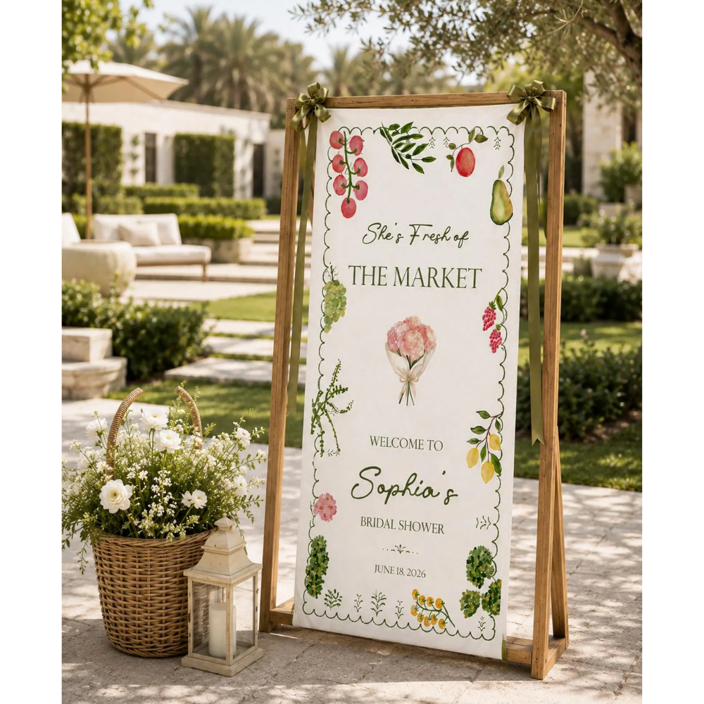She's Fresh Off The Market Custom Fruit Bridal Shower Fabric Welcome Banner, Custom Fruit Bridal Party Sign WD0461