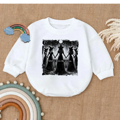 Girls Will Be Girls Halloween Baby Sweatshirt Romper, Halloween Baby Romper Sweatshirt BB0463