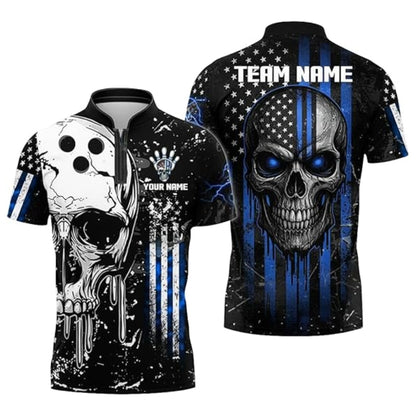Custom Skull Bowling Jersey For Mens, Custom American Flag Skull Bowling Team Shirts BZ0344