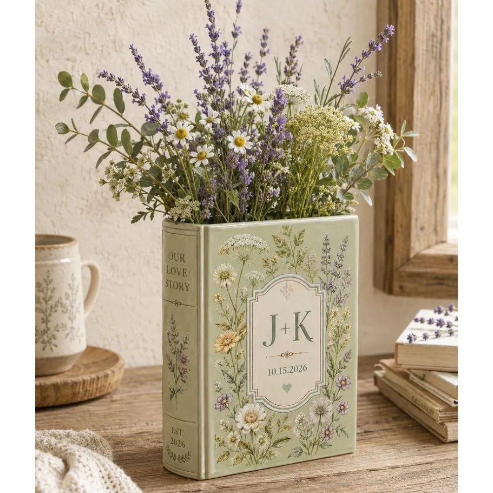 Green Floral Custom Wedding Ceramic Book Vase, Custom Wedding Anniversary Book Vase WD0981
