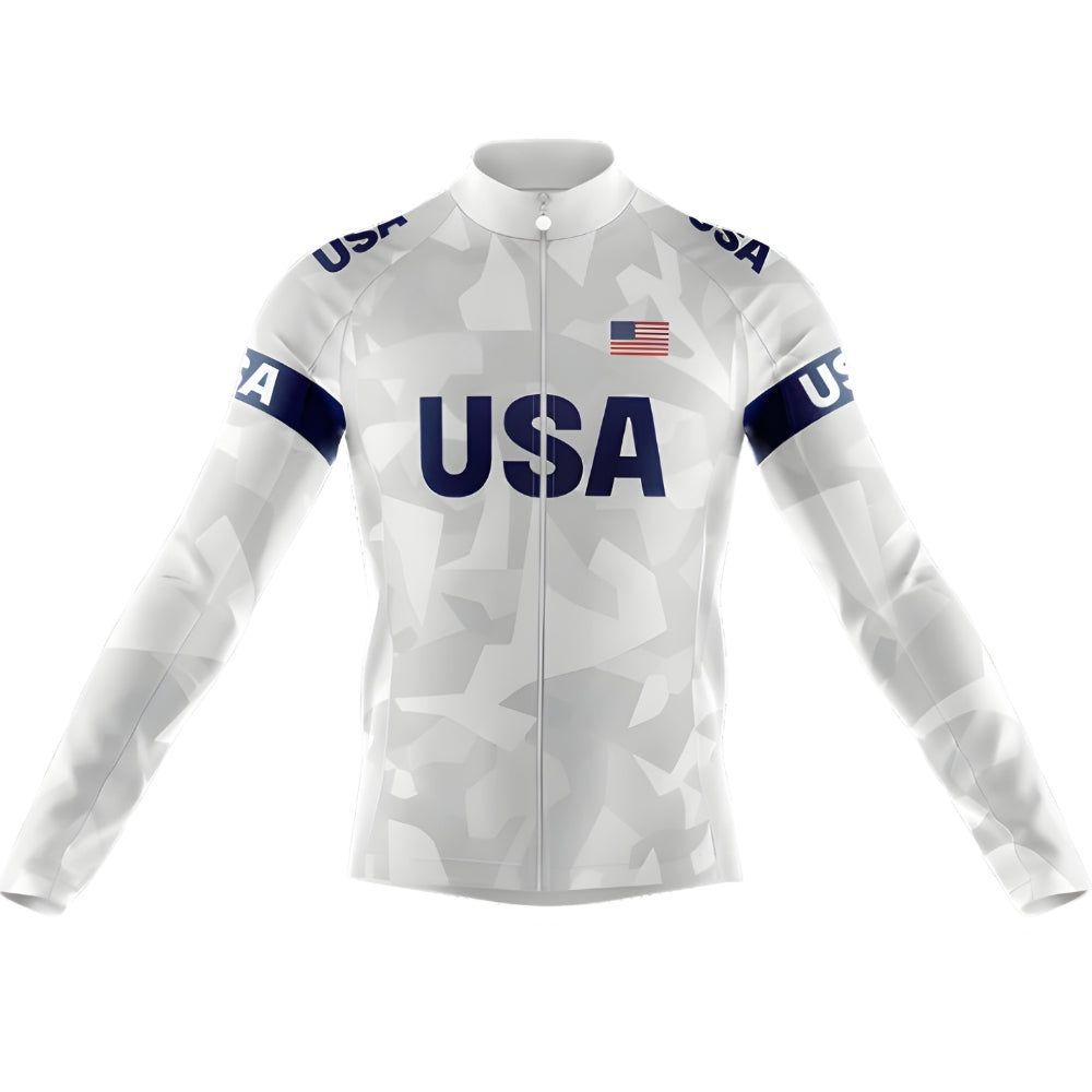 Blue And White American Flag Cycling Long Sleeve Jersey Men, Patriotic Cycling Jersey For Mens CZ0103
