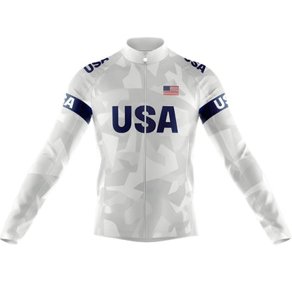 Blue And White American Flag Cycling Long Sleeve Jersey Men, Patriotic Cycling Jersey For Mens CZ0103