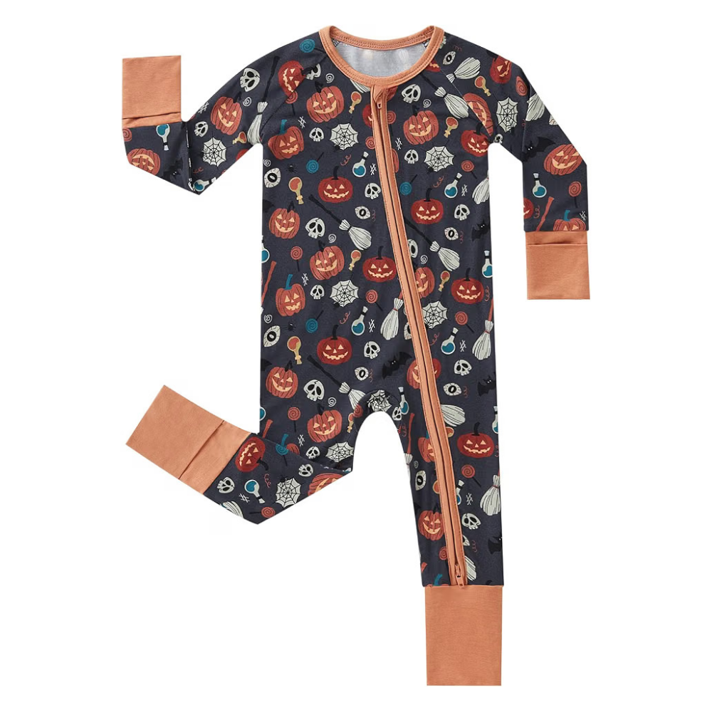 Ghost Pumpkin Baby Convertible Zippy Romper Black And Orange, Halloween Baby Converible Romper BB0819
