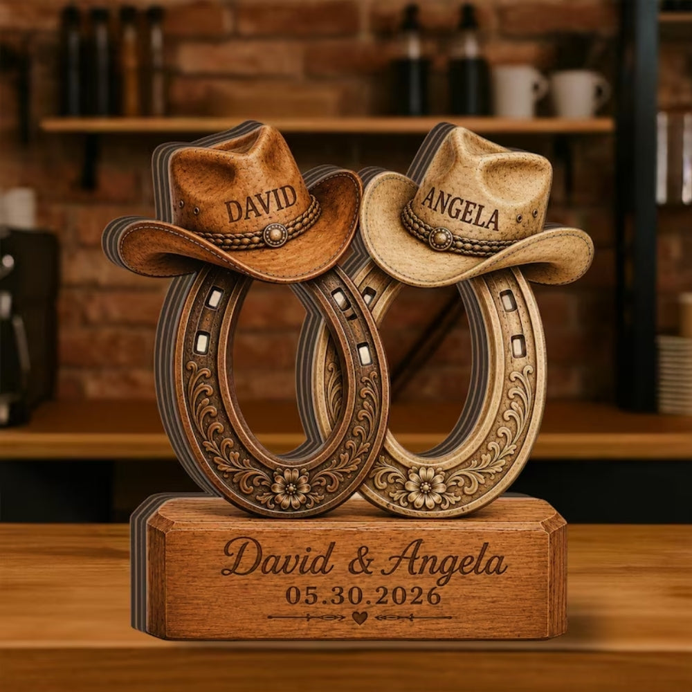 Custom Horseshoe Cowboy Hat Couple Layer Wooden Plaque, Personalized Western Wedding Keepsake Wooden Block WD0879
