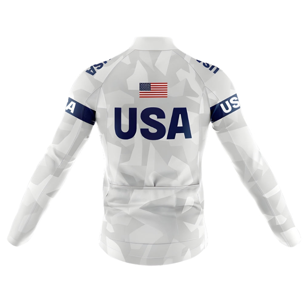 Blue And White American Flag Cycling Long Sleeve Jersey Men, Patriotic Cycling Jersey For Mens CZ0103
