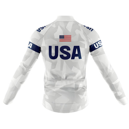 Blue And White American Flag Cycling Long Sleeve Jersey Men, Patriotic Cycling Jersey For Mens CZ0103