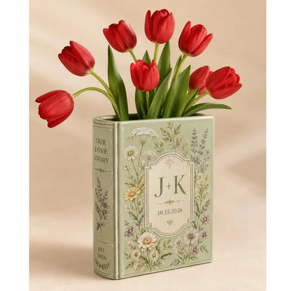 Green Floral Custom Wedding Ceramic Book Vase, Custom Wedding Anniversary Book Vase WD0981