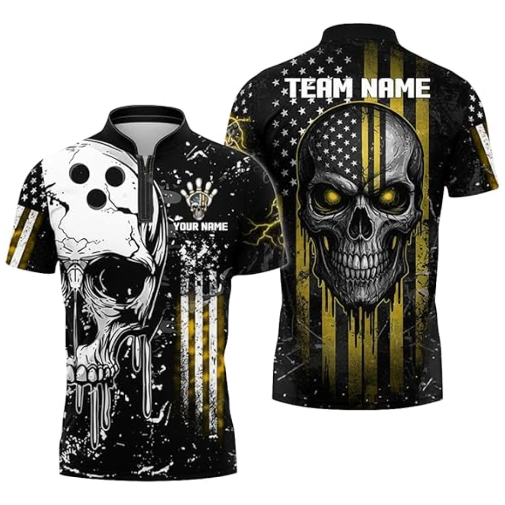 Custom Skull Bowling Jersey For Mens, Custom American Flag Skull Bowling Team Shirts BZ0344