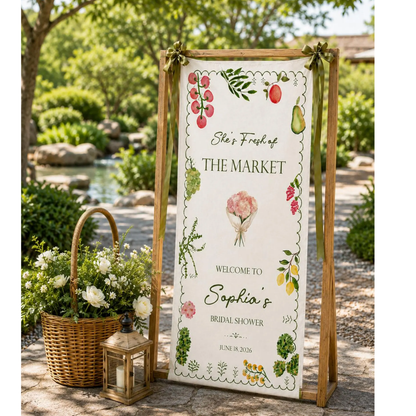 She's Fresh Off The Market Custom Fruit Bridal Shower Fabric Welcome Banner, Custom Fruit Bridal Party Sign WD0461
