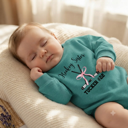 Hockey Sister Custom Name And Number Baby Romper Sweatshirt, Custom Hockey Baby Sweatshirt BB0882