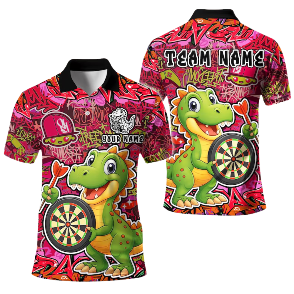 Custom Graffiti Funny Dinosaur Darts Polo Shirt Mens, Custom Dinosaur Darts Team Shirts DE0039