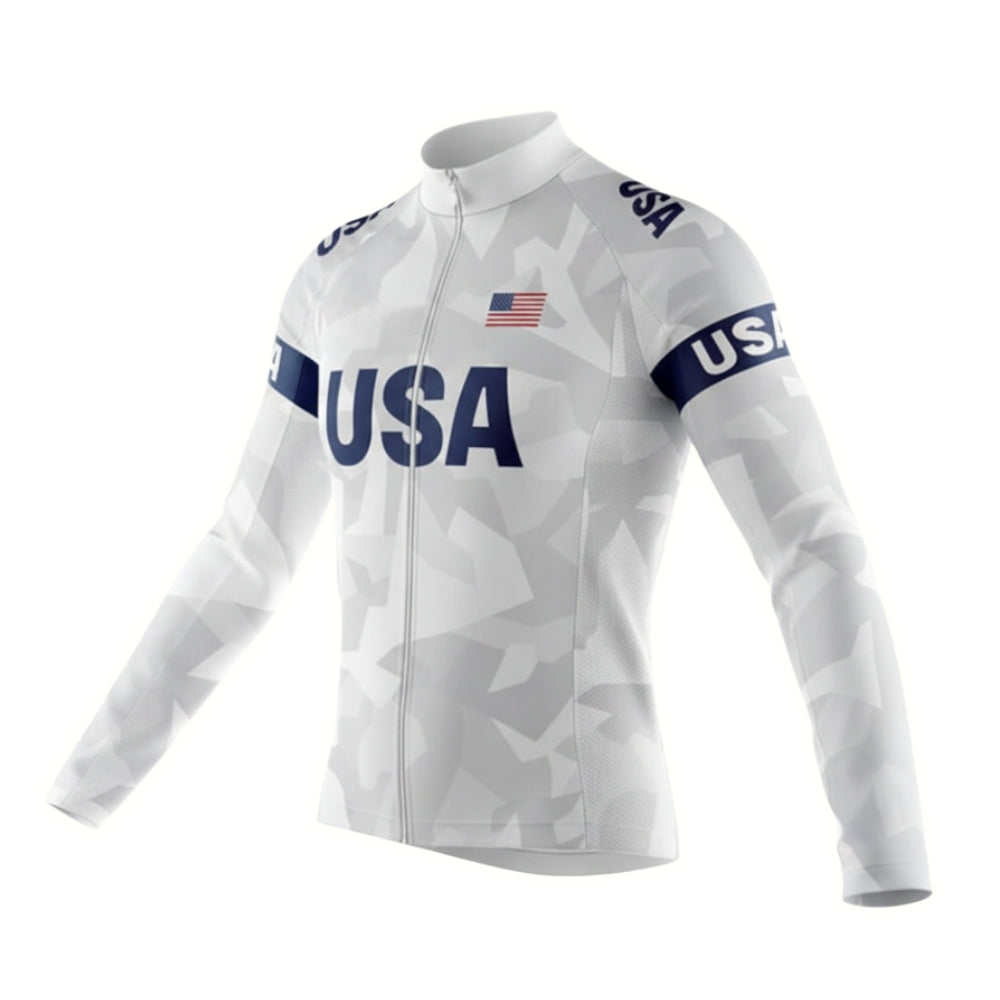 Blue And White American Flag Cycling Long Sleeve Jersey Men, Patriotic Cycling Jersey For Mens CZ0103