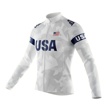 Blue And White American Flag Cycling Long Sleeve Jersey Men, Patriotic Cycling Jersey For Mens CZ0103