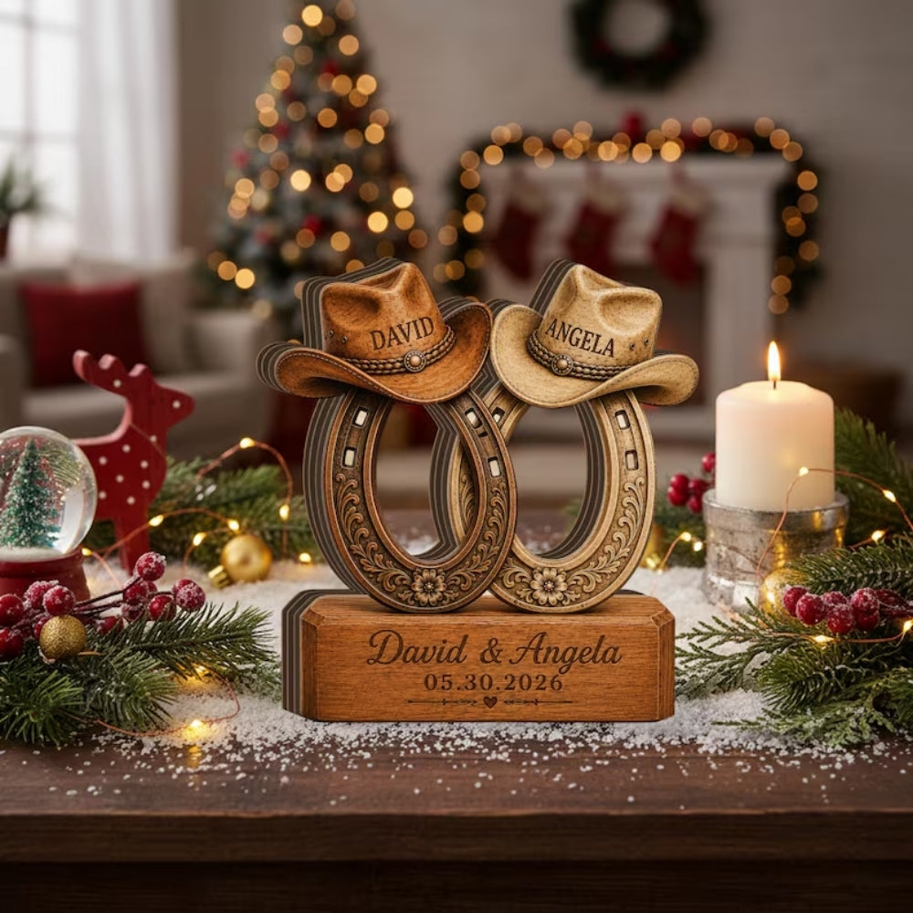 Custom Horseshoe Cowboy Hat Couple Layer Wooden Plaque, Personalized Western Wedding Keepsake Wooden Block WD0879