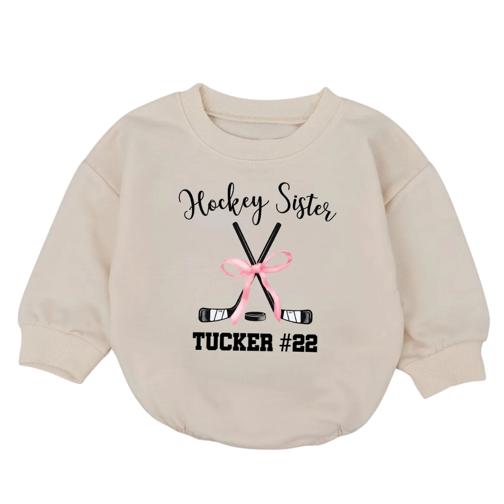Hockey Sister Custom Name And Number Baby Romper Sweatshirt, Custom Hockey Baby Sweatshirt BB0882