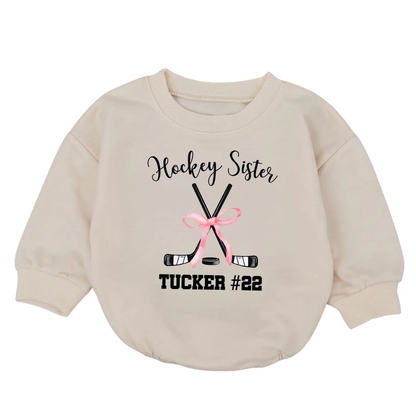 Hockey Sister Custom Name And Number Baby Romper Sweatshirt, Custom Hockey Baby Sweatshirt BB0882