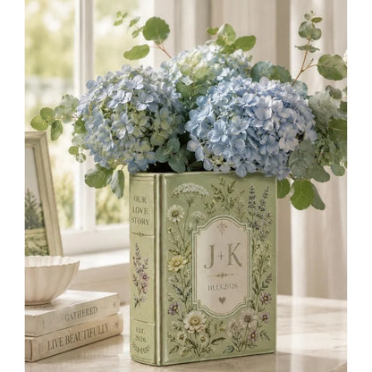 Green Floral Custom Wedding Ceramic Book Vase, Custom Wedding Anniversary Book Vase WD0981