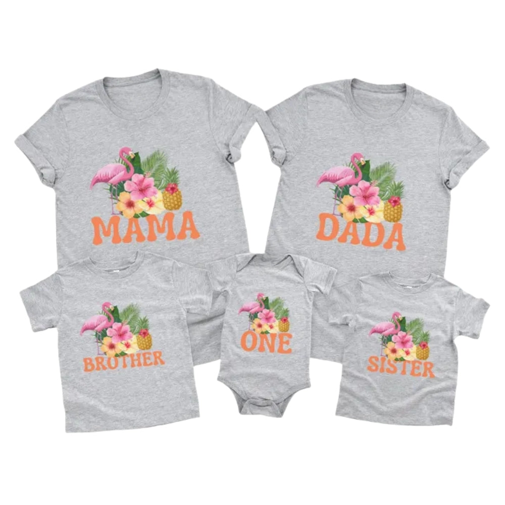 Custom Flamingo Tropical First Birthday Matching Family T Shirt, Personalized Flamingo Birthday Family Shirts ET1068