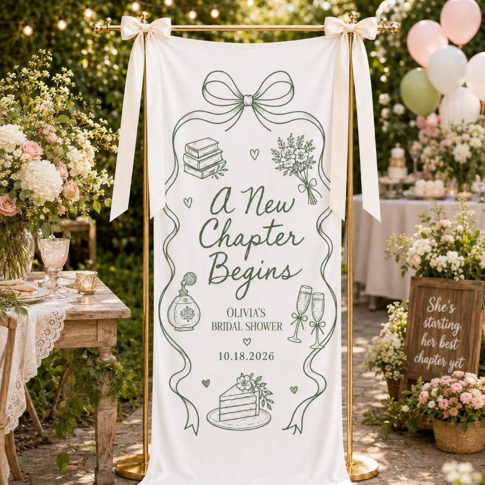 A New Chapter Begin Custom Bridal Shower Fabric Welcome Sign, Custom Brial Shower Party Banner For Book Lover WD0462