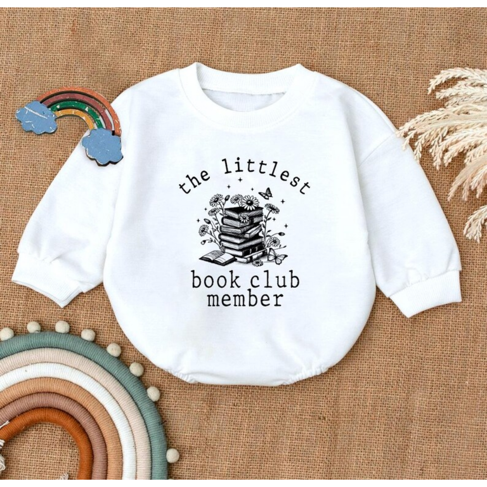 The Littlest Book Club Member Baby Romper Sweatshirt, Book Lover Baby Romper Sweater BB0464