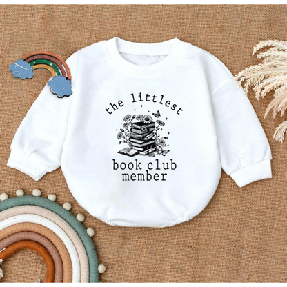 The Littlest Book Club Member Baby Romper Sweatshirt, Book Lover Baby Romper Sweater BB0464