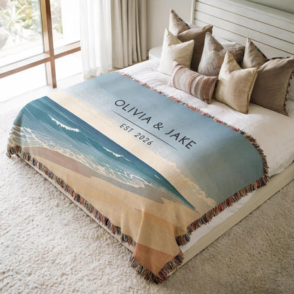 Custom Beach Wedding Woven Blanket With Couple & Date, Custom Beach Wedding Blanket For Couple WD0167