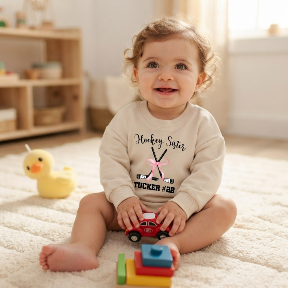Hockey Sister Custom Name And Number Baby Romper Sweatshirt, Custom Hockey Baby Sweatshirt BB0882