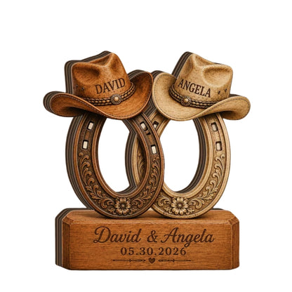 Custom Horseshoe Cowboy Hat Couple Layer Wooden Plaque, Personalized Western Wedding Keepsake Wooden Block WD0879