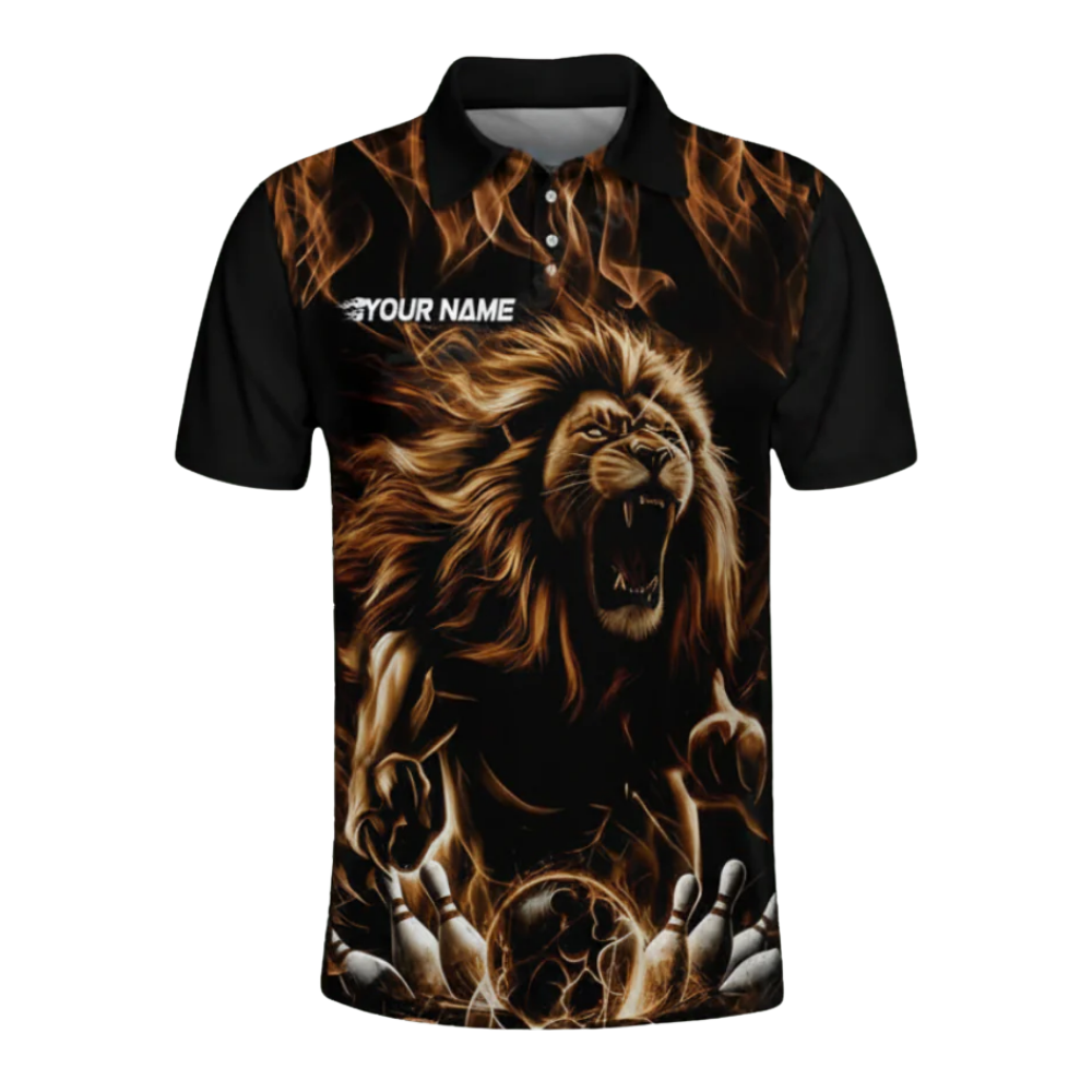 Custom Lion Flaming Black And Yellow Bowling Mens Polo Shirt, Custom Lion Team Bowling Shirts BZ0482