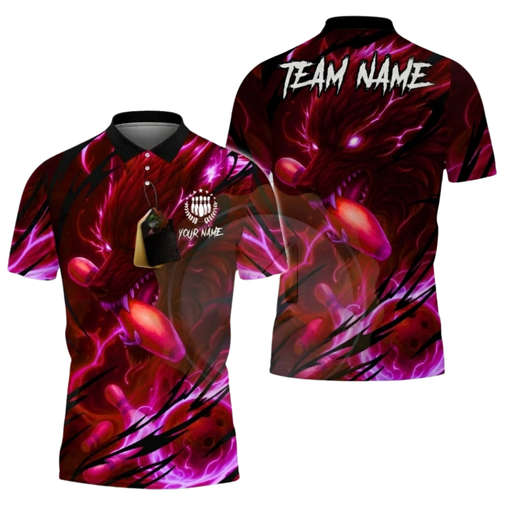 Wolf Blue Lightning Custom Mens Bowling Polo Shirt, Custom Wolf Bowling Team Shirt BZ0654