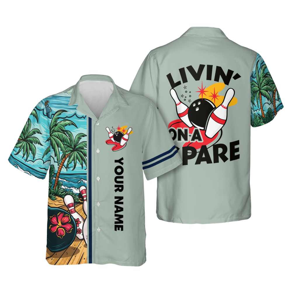 Livin' On A Spare Custom Tropical Bowling Hawaiian Shirts For Men, Custom Funny Bowling Shirts HB0200