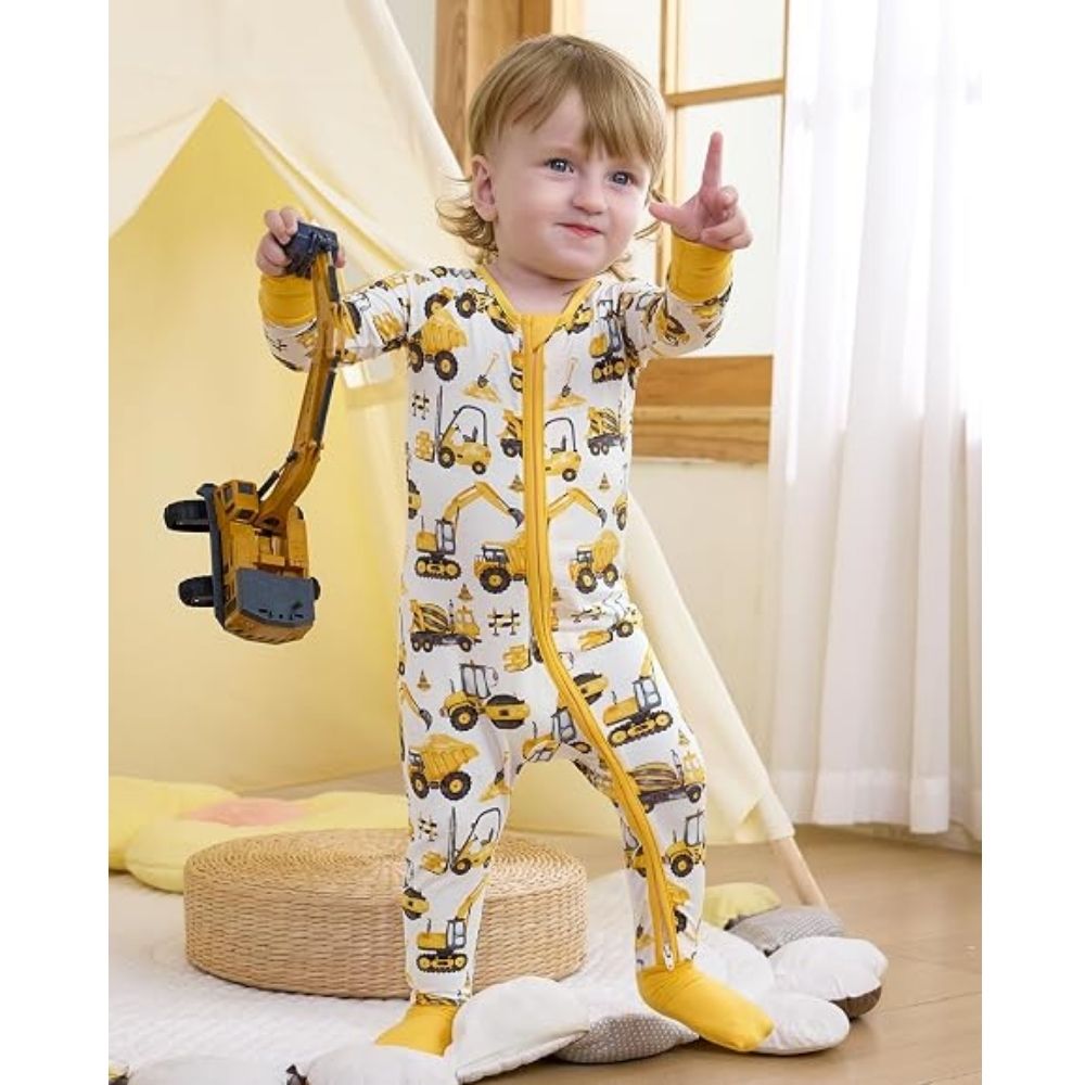 Excavator Yellow Baby Boy Convertible Zippy Romper, Excavator Lover Convertible Romper For Baby BB0360