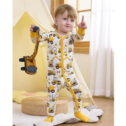 Excavator Yellow Baby Boy Convertible Zippy Romper, Excavator Lover Convertible Romper For Baby BB0360