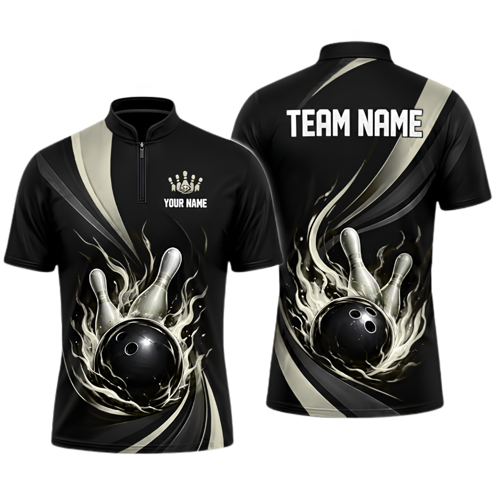 Custom Flame Red Black Bowling Jersey For Men, Custom Flame Team Bowling Shirt BZ0923