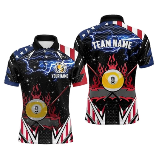 Custom USA Flag 9 Ball Polo Shirt For Men, Custom Patriotic Pool Team Shirts BIZ0230