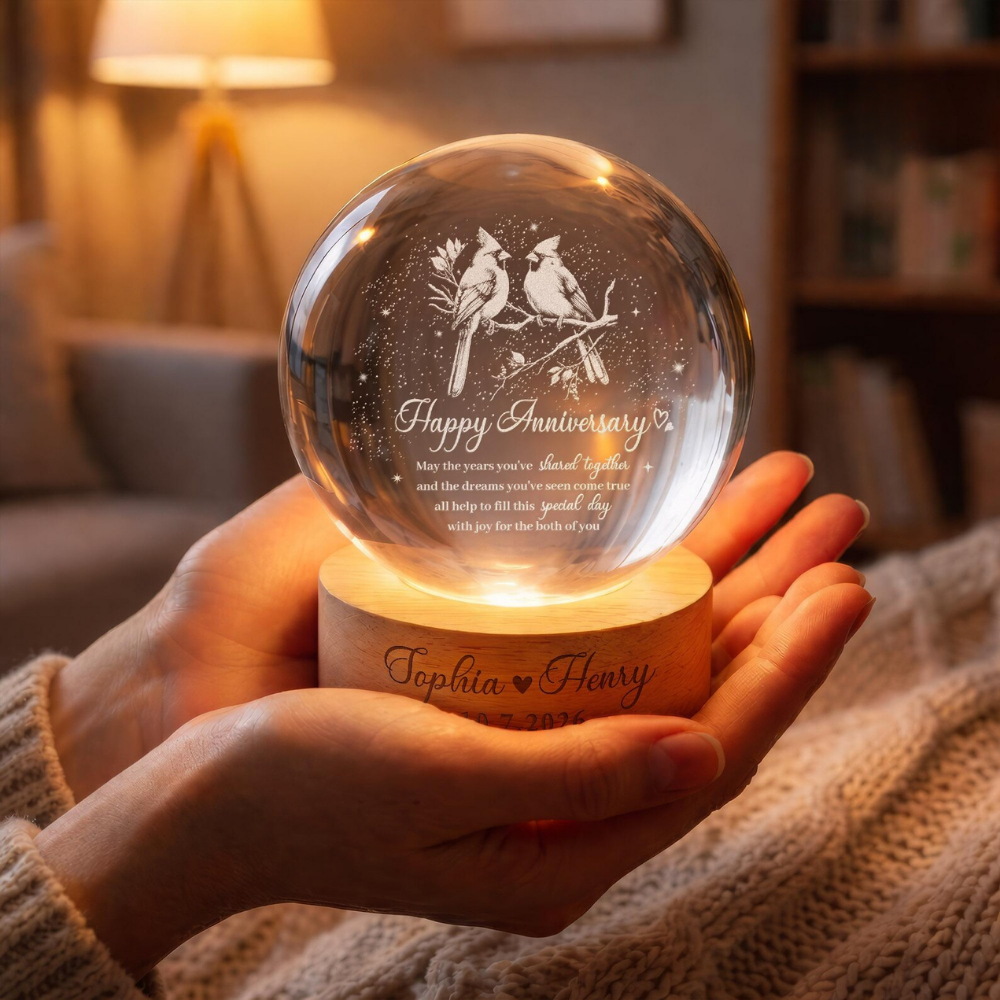 Custom Cardinals Bird Couple Crystal Ball Led Night Light, Custom Wedding Anniversary Keepsake Night Light WD0849