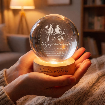 Custom Cardinals Bird Couple Crystal Ball Led Night Light, Custom Wedding Anniversary Keepsake Night Light WD0849