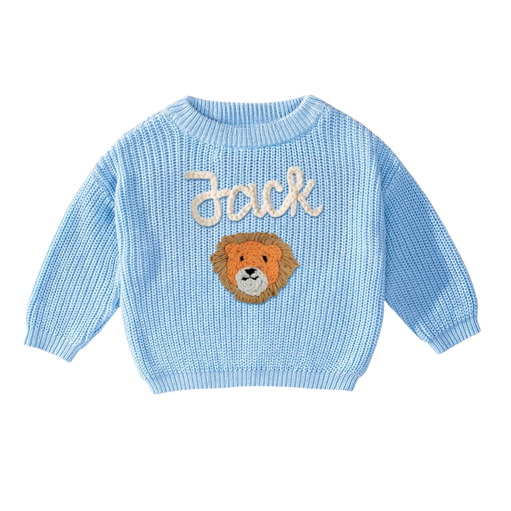 Custom Name Lion Embroidered Baby Knit Sweater, Custom Lion Knit Sweatshirt For Baby BB0125