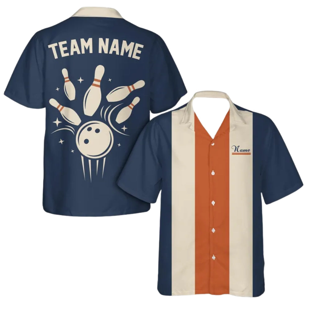 Custom Retro Blue Beige Bowling Hawaiian Shirt For Men, Custom Retro Bowling Team Shirts  BE0183