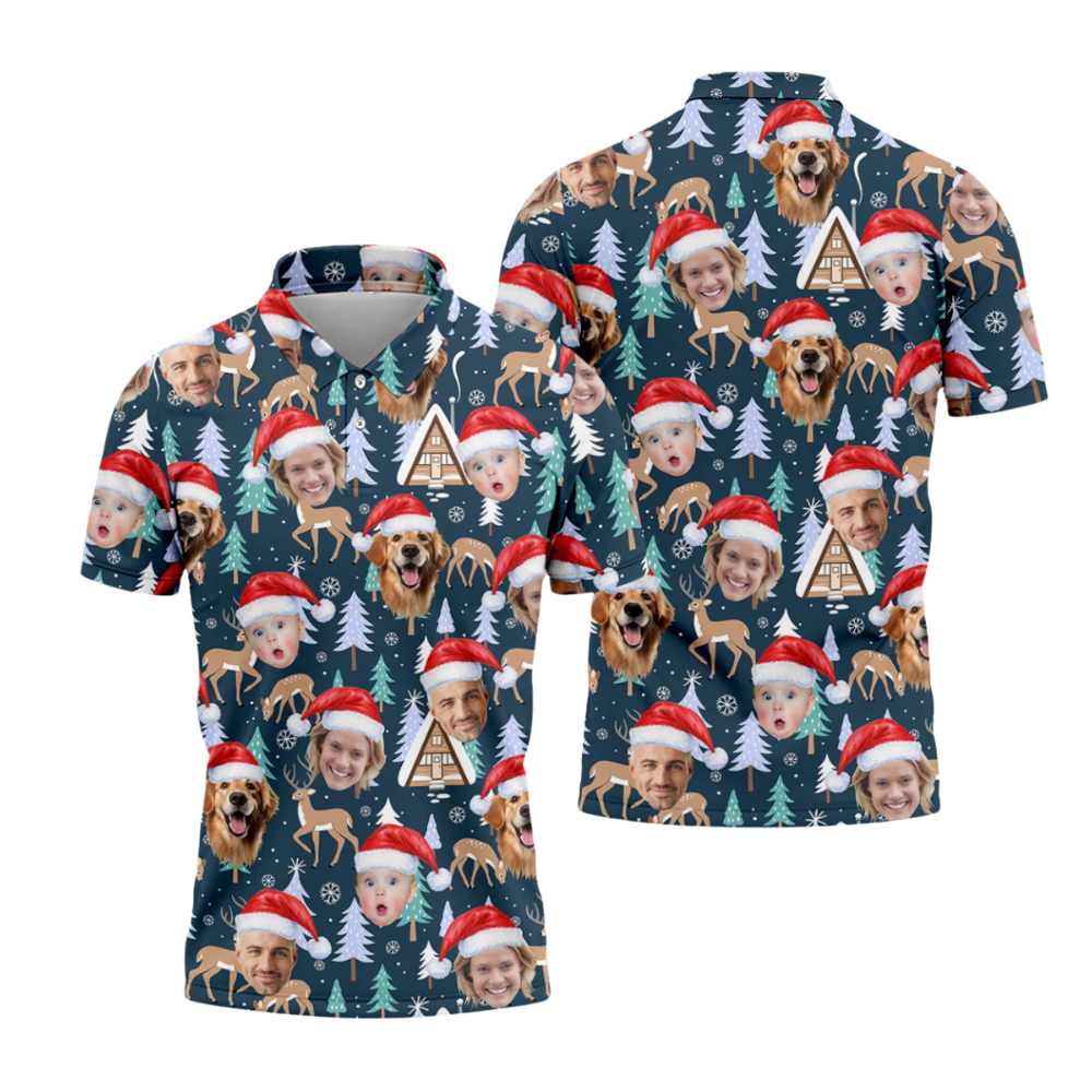 Personalized Face Reindeer Pine Tree Christmas Men's Dark Teal Golf Polo Shirts , Custom Photo Christmas Golf Shirts GZ0455