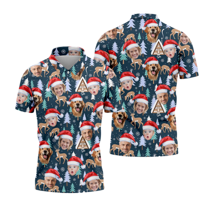 Personalized Face Reindeer Pine Tree Christmas Men's Dark Teal Golf Polo Shirts , Custom Photo Christmas Golf Shirts GZ0455