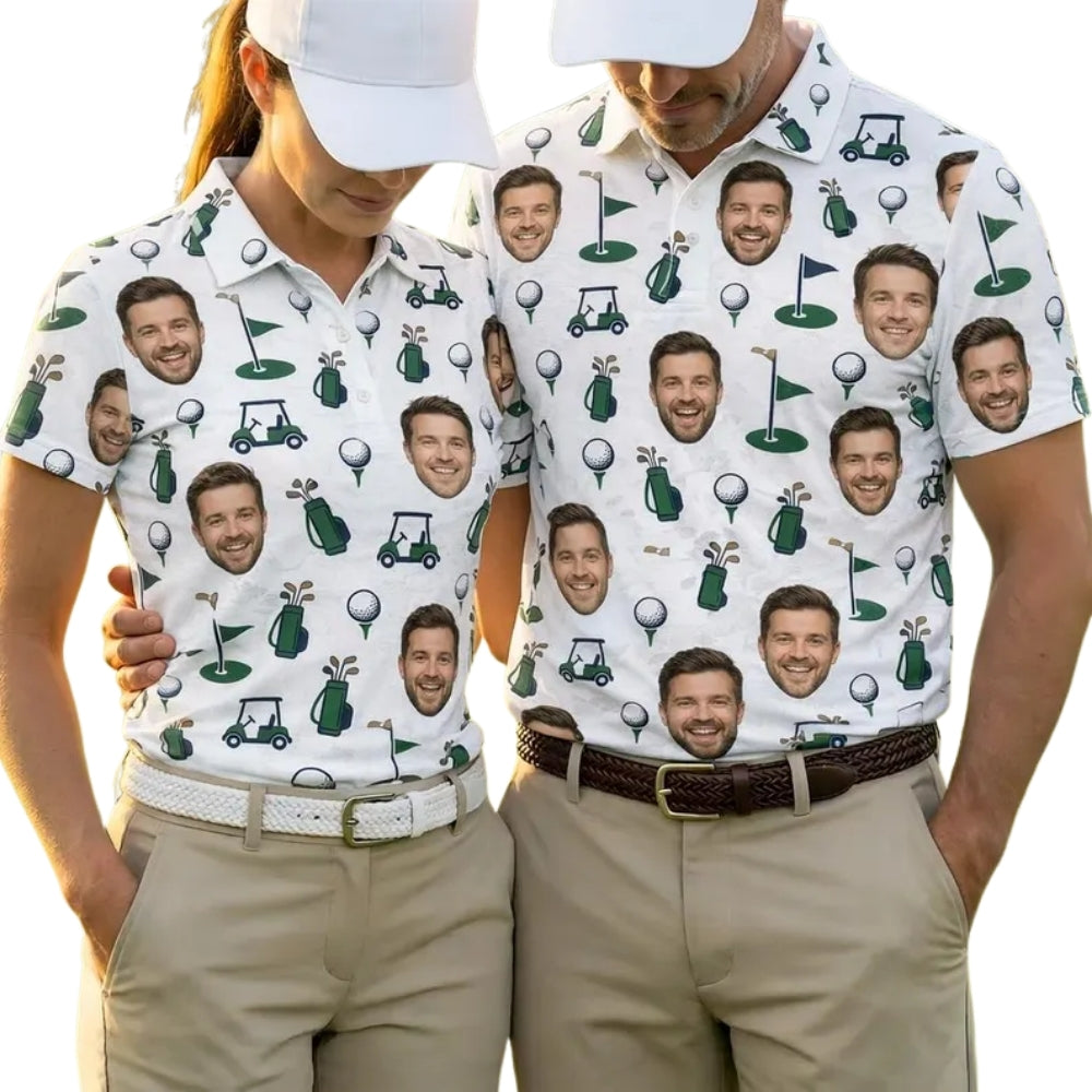 Custom Face Matching Golf Polo Shirt For Men And Women, Custom Photo Golf Shirts For Couple GE0386