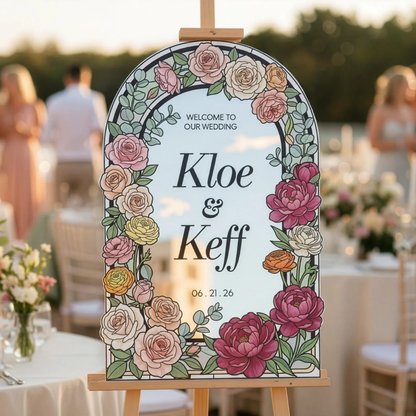 Personalized Colorful Roses Stained Glass Wedding Acrylic Mirror Sign, Custom Wedding Stained Glass Sign WD0727