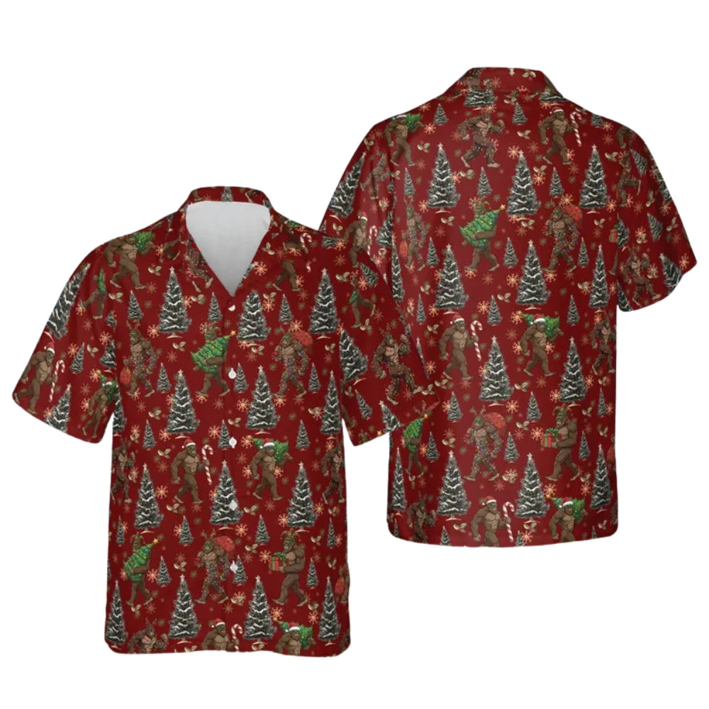 Bigfoot Christmas Tree Hawaiian Shirt For Men, Christmas Sasquatch Hawaiian Shirt ET0034